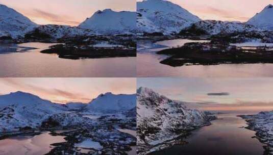 4K航拍挪威罗弗敦群岛雪景晚霞无限风光高清在线视频素材下载