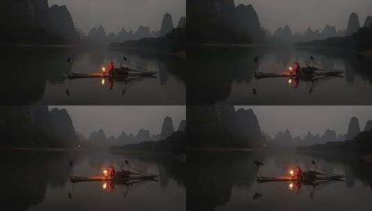 桂林漓江渔夫捕鱼渔火高清在线视频素材下载