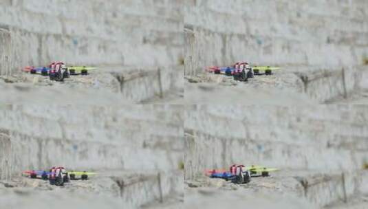 赛车无人机从混凝土台阶起飞高清在线视频素材下载