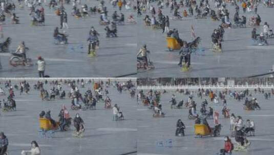 北京什刹海冰场冬季滑冰北方冰车高清在线视频素材下载