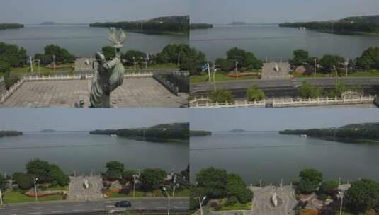 武汉东湖放鹰台李白雕像航拍高清在线视频素材下载