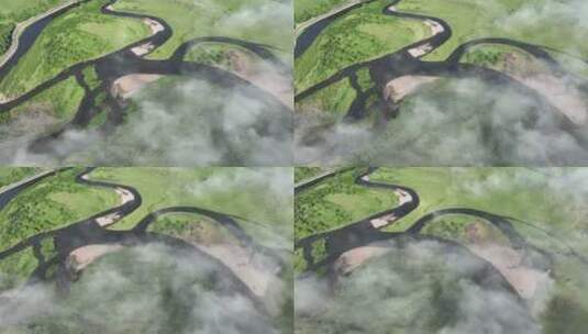 航拍原野河流晨雾迷漫高清在线视频素材下载
