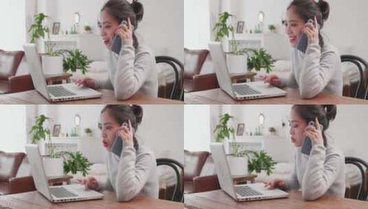 美丽中国女青年居家办公用手机打电话看电脑高清在线视频素材下载