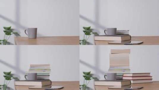 书桌上多叠书籍的定格镜头高清在线视频素材下载