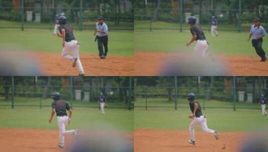 垒球运动员跑向基地的平移镜头高清在线视频素材下载