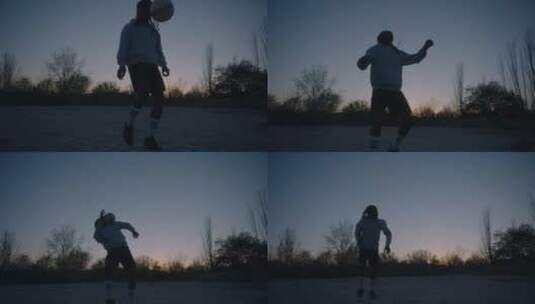 黄昏男孩在户外踢足球  高清在线视频素材下载