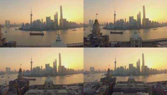上海外滩东方明珠日出航拍高清在线视频素材下载