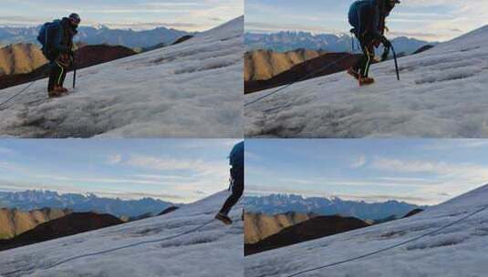 攀登沙鲁里山脉尼登贡嘎雪山冰川上的登山者高清在线视频素材下载