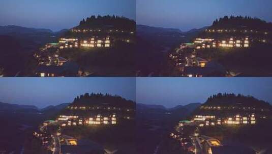航拍山谷中的民宿酒店夜景高清在线视频素材下载