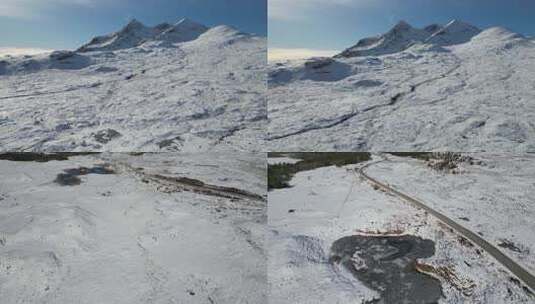 FPV无人机航拍冬日雪山雪景日出河流树林4K高清在线视频素材下载