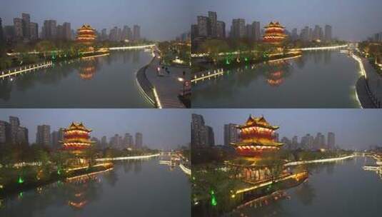 江苏淮安市里运河历史长廊清江浦楼航拍夜景高清在线视频素材下载