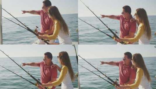 一名白人男子和他十几岁的女儿在船上钓鱼的侧视图高清在线视频素材下载