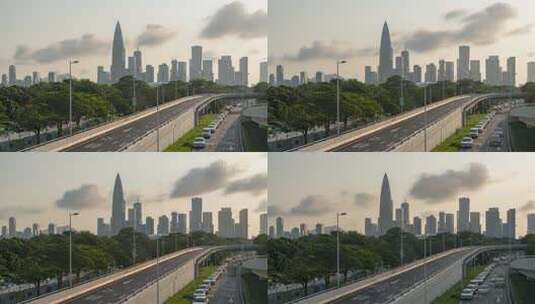 8K延时城市黄昏的剪影：建筑群与流动云朵高清在线视频素材下载