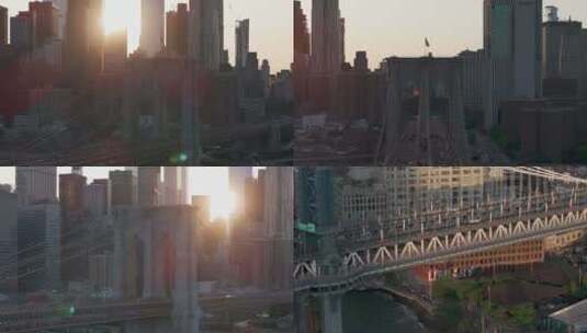 城市航拍布鲁克林大桥日落阳光照射摩天大楼高清在线视频素材下载