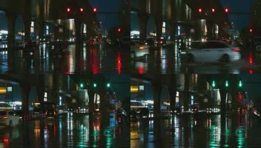 城市立交桥交通车辆路口雨夜车辆行人高清在线视频素材下载