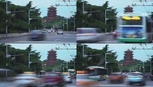 武汉长江大桥交通车流与地标黄鹤楼古建筑高清在线视频素材下载