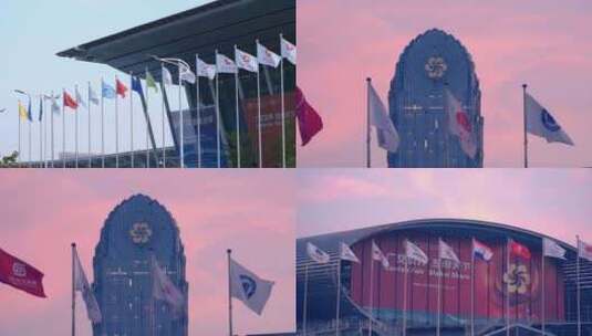 广交会大楼 广交会标志大厦 旗帜飘扬高清在线视频素材下载