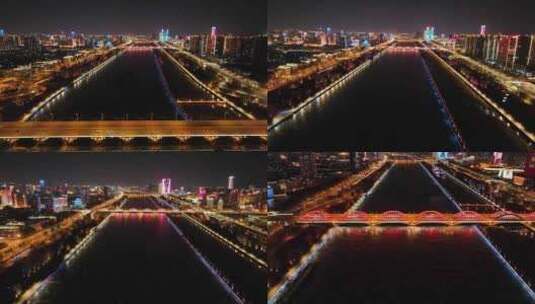 航拍山西太原汾河胜利桥到漪汾桥夜景高清在线视频素材下载