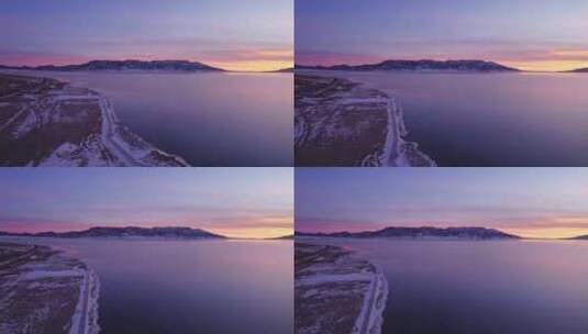 航拍冬季赛里木湖日出风光高清在线视频素材下载