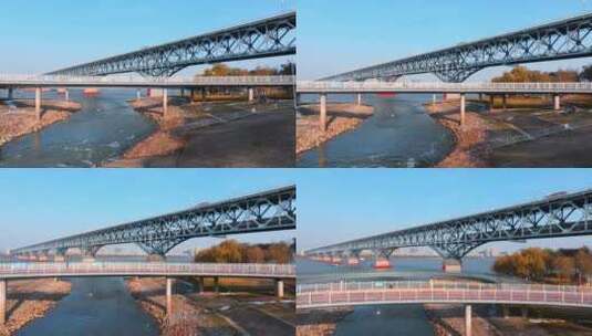 南京长江大桥火车经过航拍高清在线视频素材下载