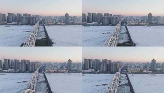 中国黑龙江哈尔滨松花江滨洲铁路桥航拍高清在线视频素材下载