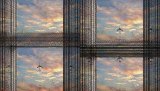 飞机在摩天大楼和办公楼之间飞行高清在线视频素材下载