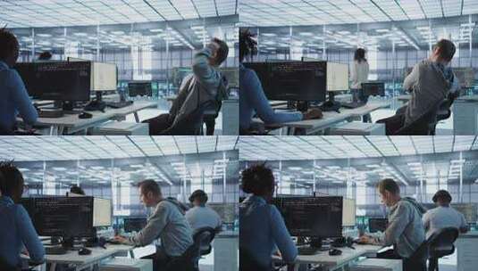 疲劳的管理员在服务器机房工作时伸展身体以高清在线视频素材下载