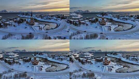 挪威罗弗敦群岛北极圈教堂冬季雪景高空航拍高清在线视频素材下载