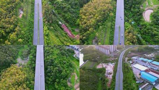 城市鸟瞰图，公路旁林立的高楼与绿植高清在线视频素材下载