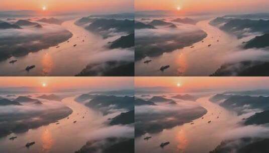 航拍长江云雾缭绕的日出壮丽山河云海黄昏高清在线视频素材下载