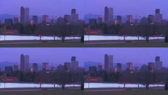城市天际线黄昏时的紫光高清在线视频素材下载