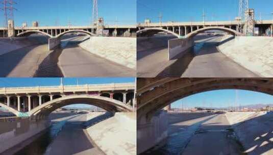 航拍河边经典桥下的天线高清在线视频素材下载