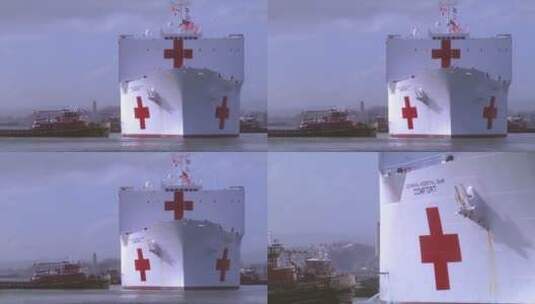 红十字会海军船只停在码头高清在线视频素材下载