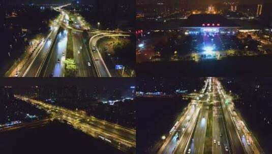 4k成都东站夜景高速车流交通枢纽航拍合集高清在线视频素材下载