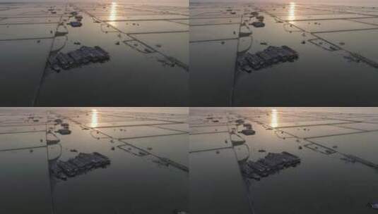 航拍湖区拆除围网前的夕阳日落高清在线视频素材下载