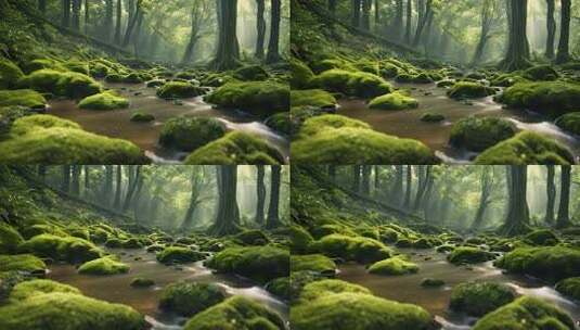 森林中溪流与苔藓景观高清在线视频素材下载