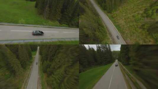 FPV汽车行驶在森林公路上高清在线视频素材下载