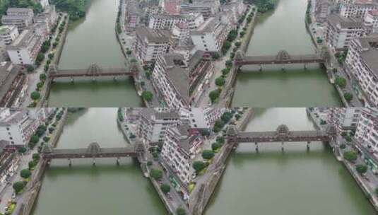 城市航拍湖南通道河两边特色建筑高清在线视频素材下载