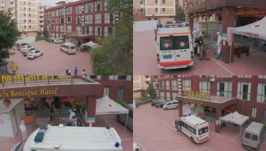 原创4K航拍广州防疫疫情救护车隔离酒店高清在线视频素材下载