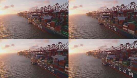 夕阳下港口货轮航拍高清在线视频素材下载