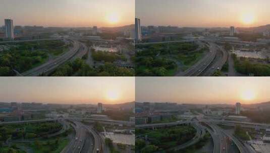 航拍日出阳光下的南京新庄立交桥高清在线视频素材下载