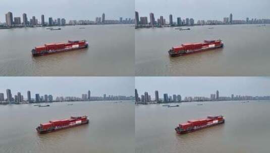 安徽芜湖长江物流货物运输船航拍高清在线视频素材下载