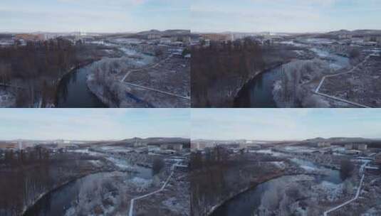 吉林二道白河魔界漂流，航拍冰河雪景高清在线视频素材下载