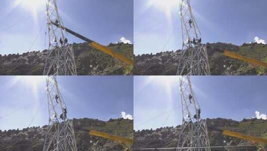 青藏联网组塔线路高清在线视频素材下载