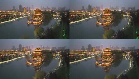 江苏淮安市里运河历史长廊清江浦楼航拍夜景高清在线视频素材下载