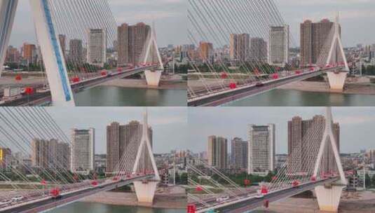 航拍挂满国旗的长江大桥高清在线视频素材下载