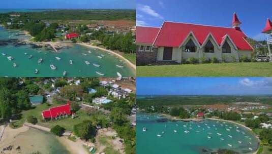 毛里求斯风光海湾渔船红色教堂高清在线视频素材下载
