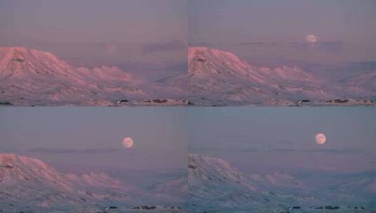月亮升起，雪白的粉红色山脉高清在线视频素材下载