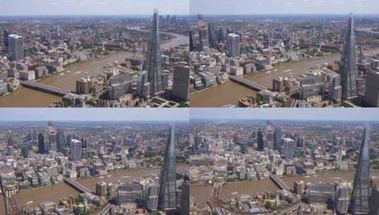伦敦桥和碎片大厦、塔桥、平底锅展示了伦敦金融城和坎农街车站。高清在线视频素材下载