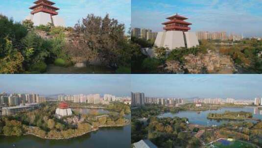 2023城市风光枣庄东湖公园晚霞航拍纪录片段高清在线视频素材下载